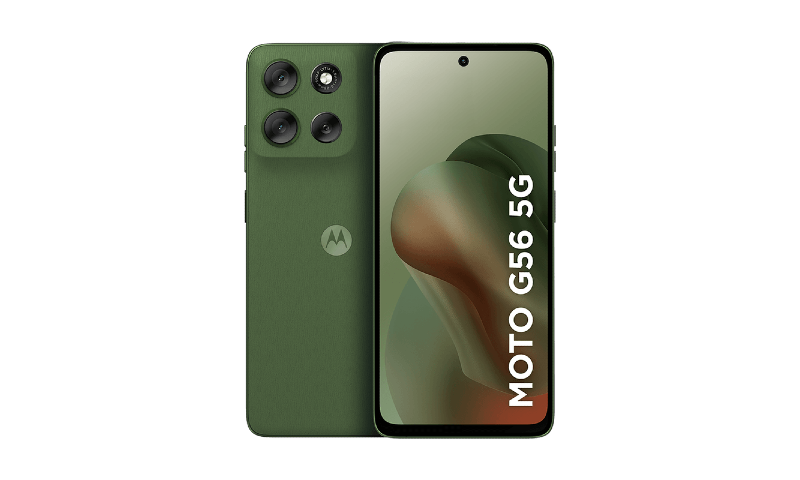 Uma imagem do smartphone Moto G56 5G da Motorola, visto de frente e de costas