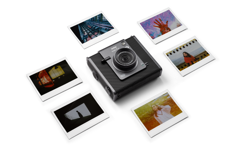 A câmera Instax WIDE Evo cercada de fotos impressas
